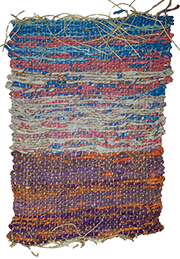 Hand-made weaving in  blue, off-white, purple and orange colors, by Melissa Hilliard Potter