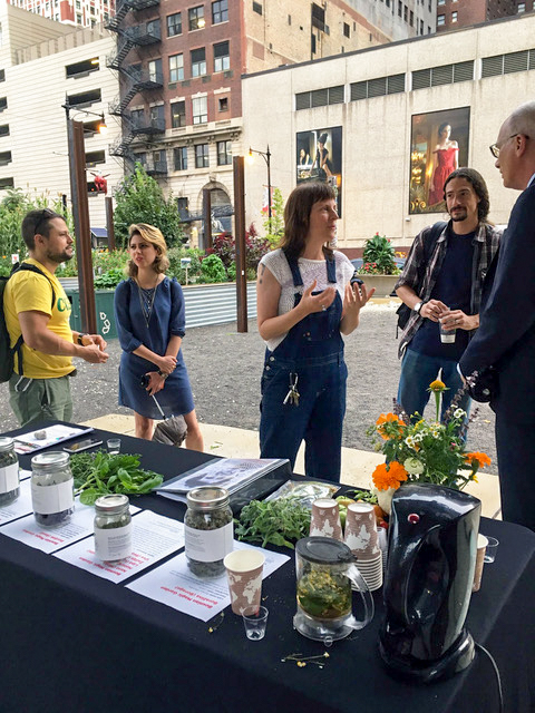 Artists talking at a table of healthy drinks.